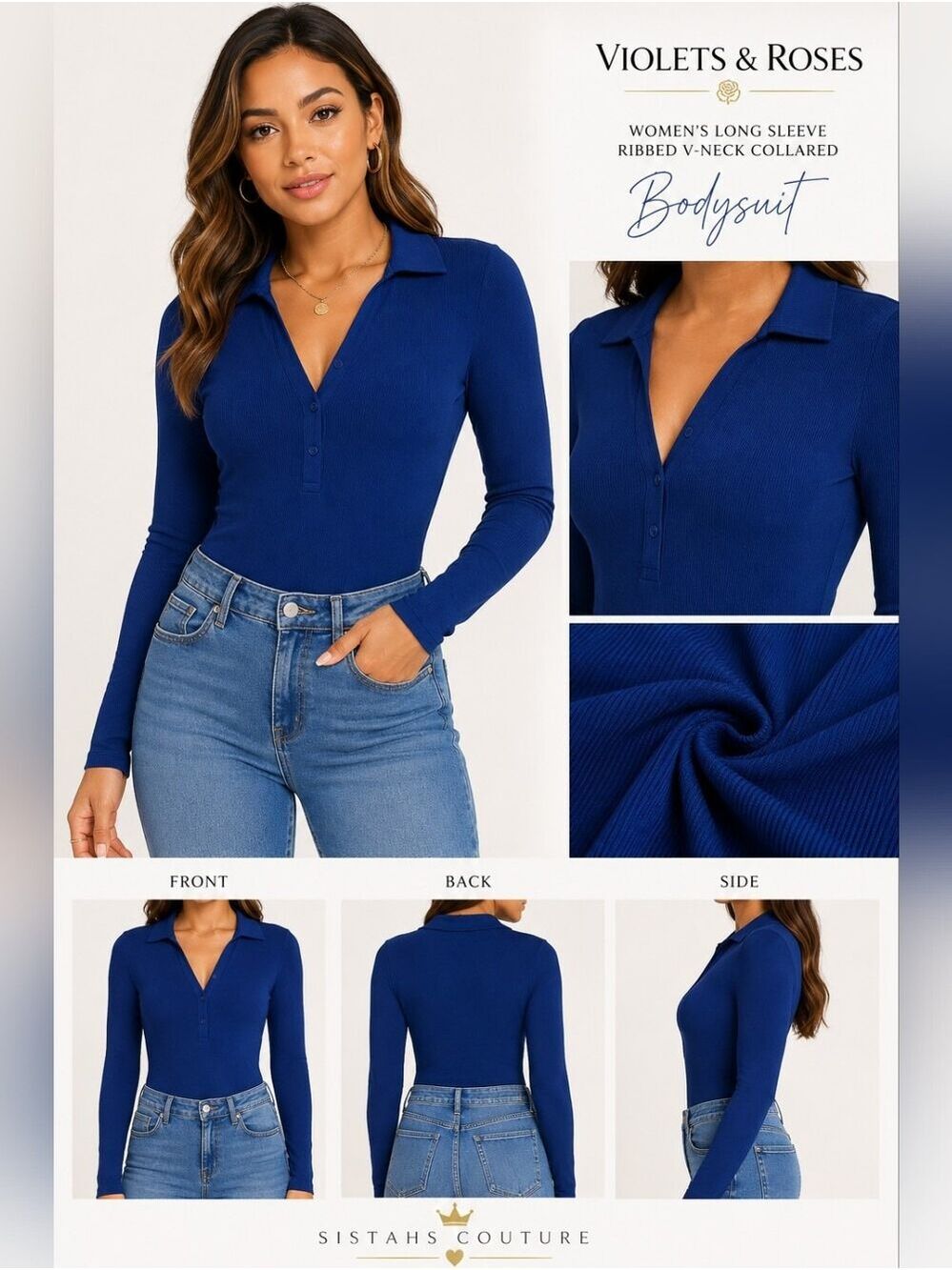 Violets & Roses | Women’s Long Sleeve Ribbed V-Neck Collared Bodysuit